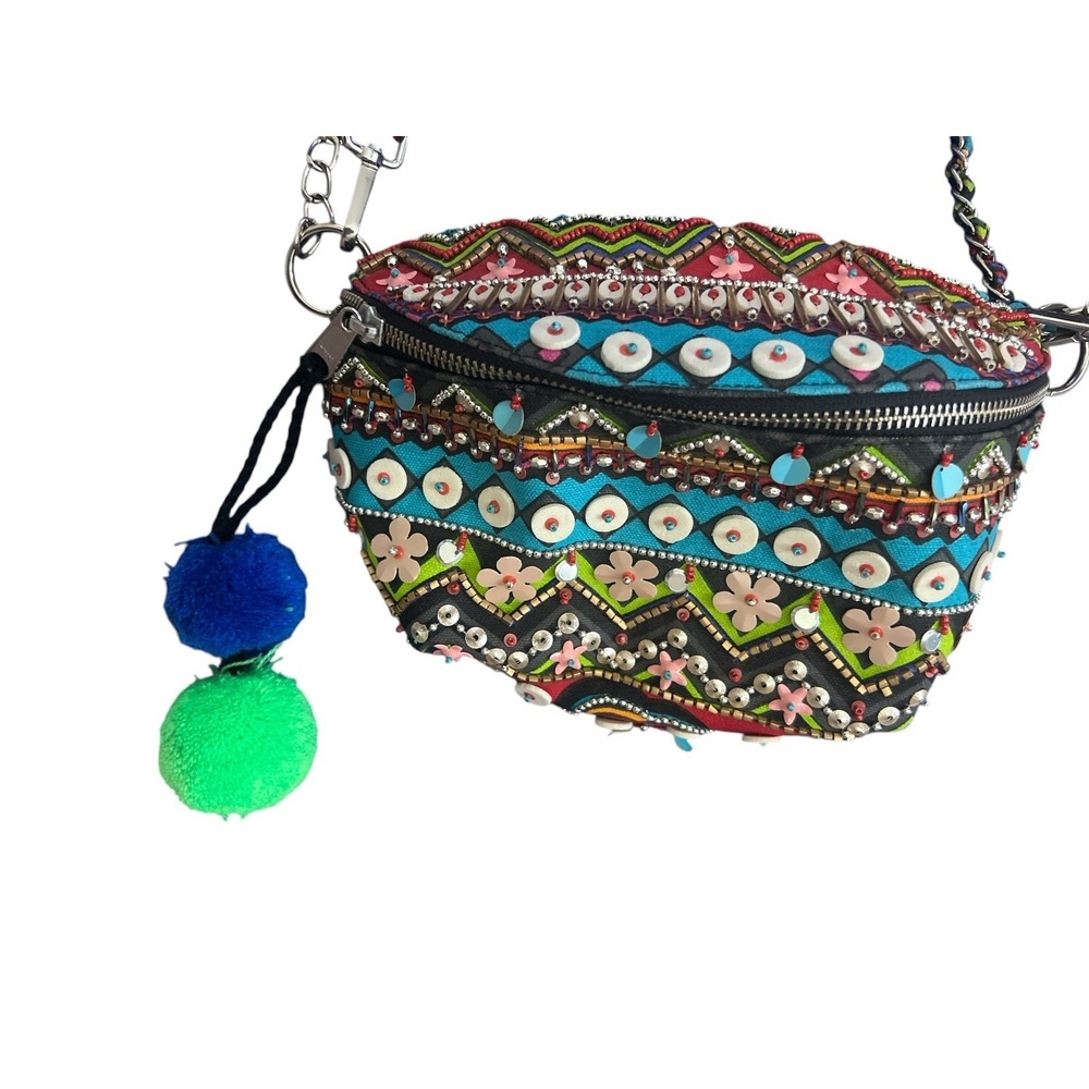 Steve Madden Cancun Belt Bag Colorful Beads Crossbody Fanny Pack Textile W/Puffs - Picture 7 of 16